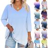 Women's Print Plus Size Tops Hollow V Neck 3/4 Sleeve Shirt Elegant Casual Tops