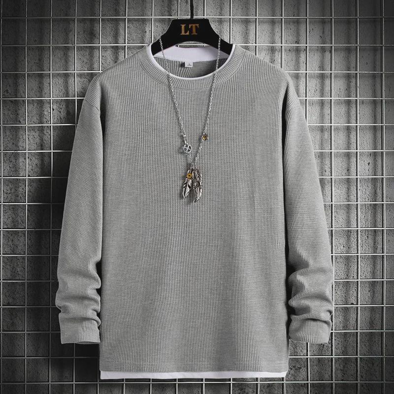 Мужской осенний свободный свитер с круглым вырезом и длинным рукавом - 2024 г. Трендовая футболка с расщепленными краями