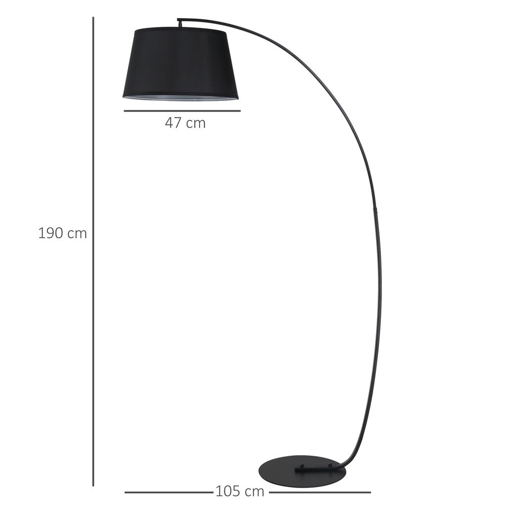 Floor Lamp, Curved Floor Lamp with Fabric Shade, Floor Light with Round Base, Metal, 105L x 47W x 190H cm, Black