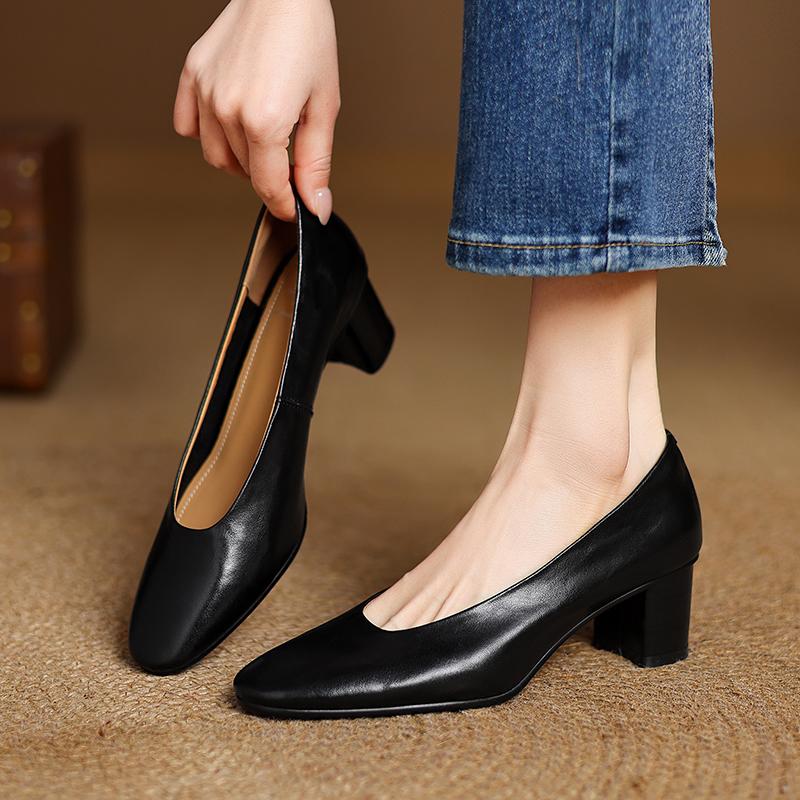 Мода 2025 Новая Мода Ретро Женские Туфли-Лодочки Обувь Массивный Высокий Каблук Весна Элегантное Лето Круглый Носок Повседневная Обувь Женщина Черный Размер 34-40