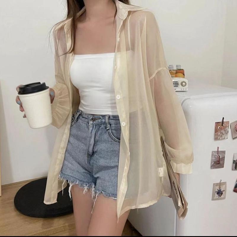 WTEMPO Summer Women's Sunscreen Cardigan Thin Jacket Chiffon Tops Korean Temperament Loose Long-sleeved
