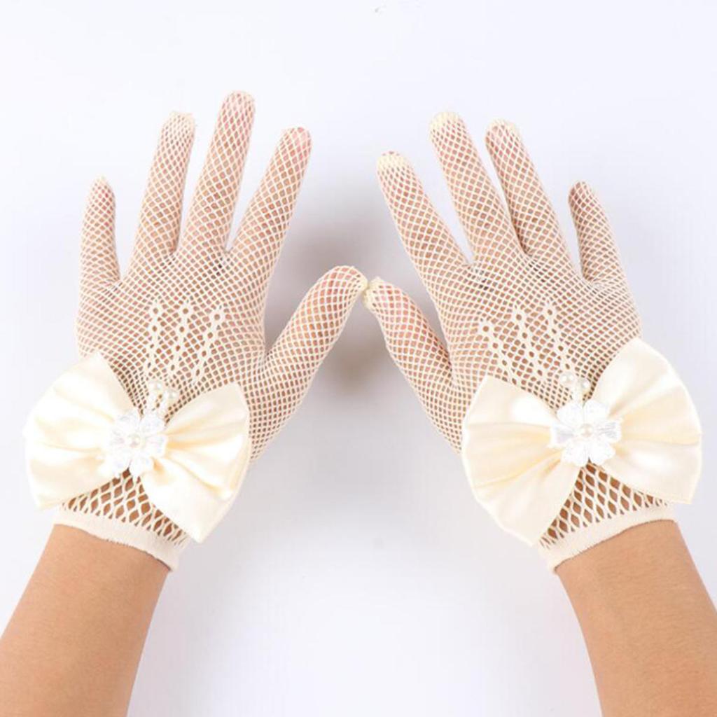 Детские праздничные кружевные перчатки-сетки с жемчугом, перчатки для причастия, перчатки для вечеринки девочки-цветочницы, детские перчатки, сетчатые перчатки с бантом высокой эластичности