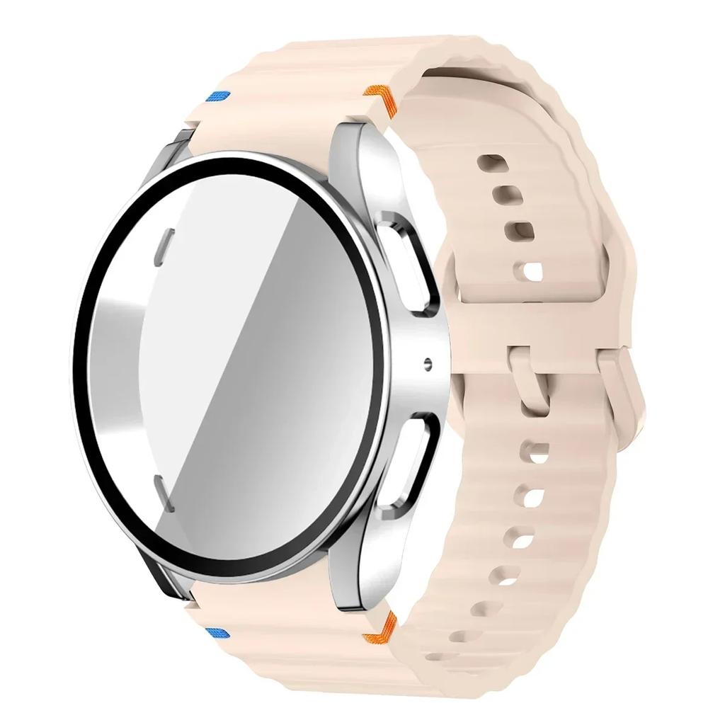 Чехол+Ремешок для Samsung Galaxy Watch 7 6 5 4 40мм 44мм Силиконовый Браслет Защитная Пленка для Экрана из Закаленного Стекла Бампер