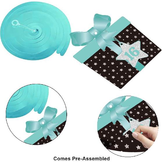 Happy 16th Birthday Party Hanging Swirls Streams Ceiling Decorations, Celebration Sweet 16 Foil Hanging Swirls with Cutouts for 16 Years Teal Silver