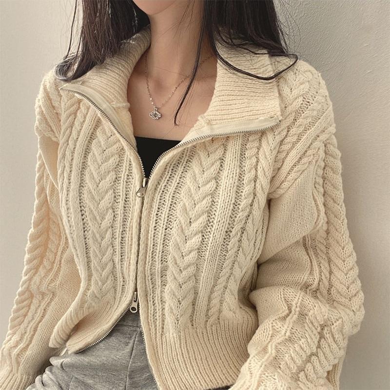 Autumn Y2k Women Zippers Knitted Cardigan Casual Loose Solid Cropped Sweater Korean Short Long Sleeve Coats Tops Fashion Clothes