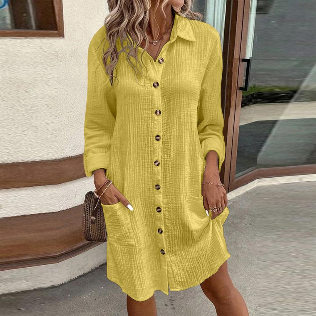 Новое женское модное повседневное однотонное свободное платье средней длины с длинным рукавом на пуговицах