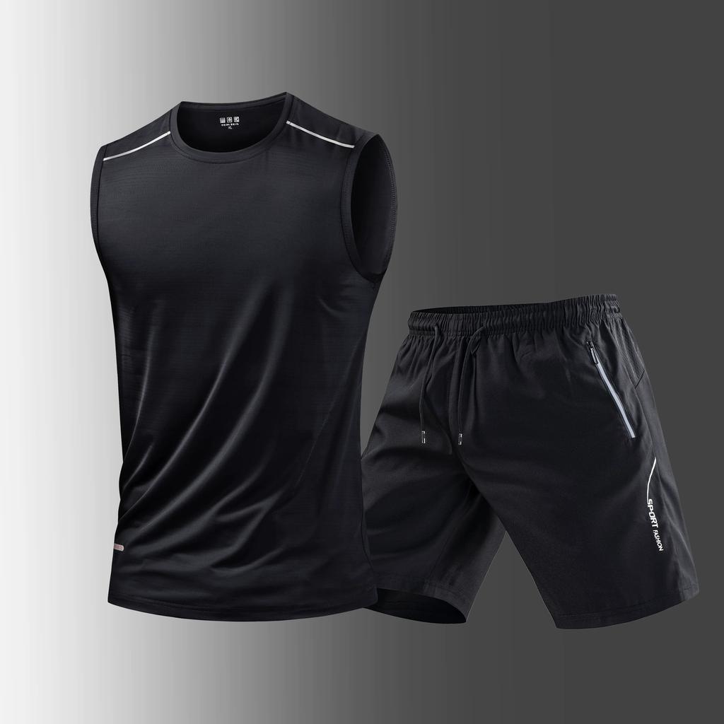 Комплект из двух предметов: быстросохнущий комплект из ледяного шелка, мужская летняя тонкая дышащая эластичная футболка, шорты, повседневная спортивная одежда