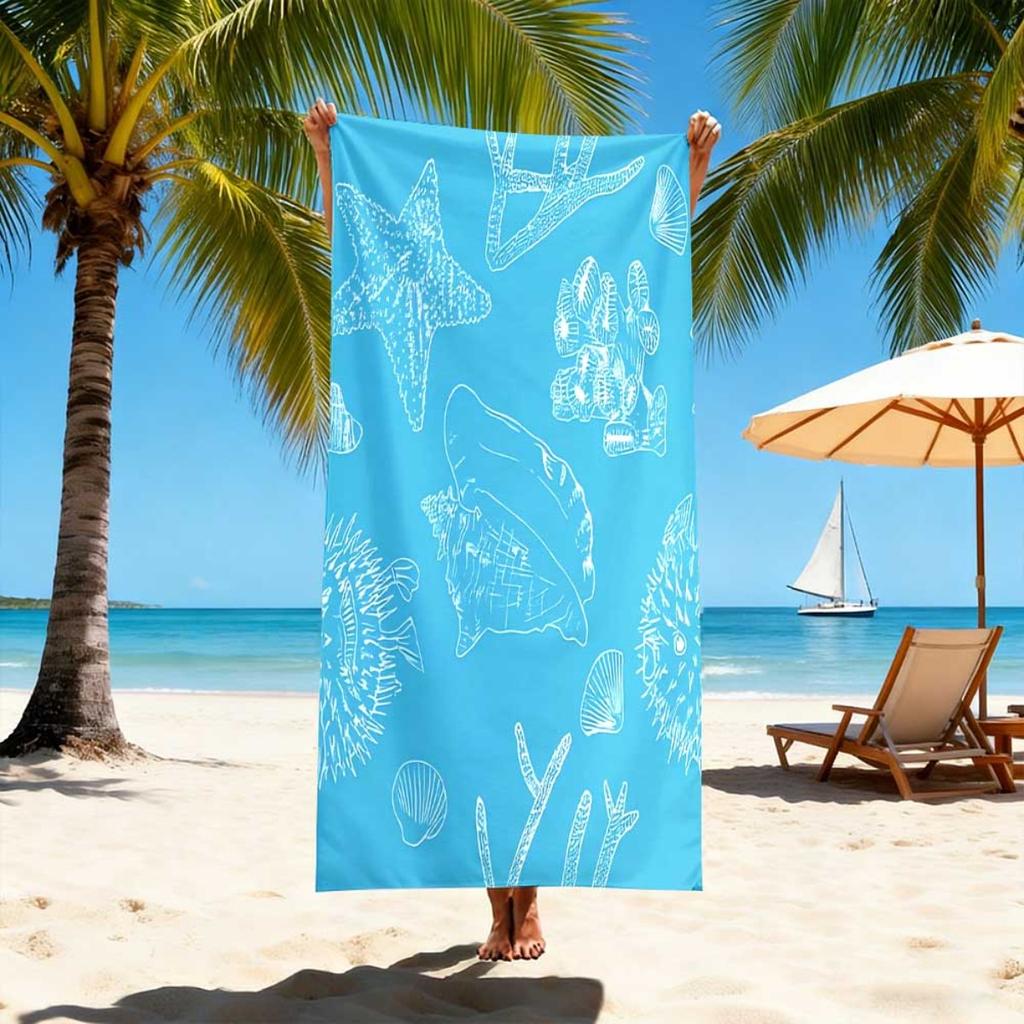 Blue Shell Starfish Microfiber Beach Towel 1 Piece Set 2D Flat Printed Sandproof Waterproof Holiday Sea Sunbed Lounger Towel