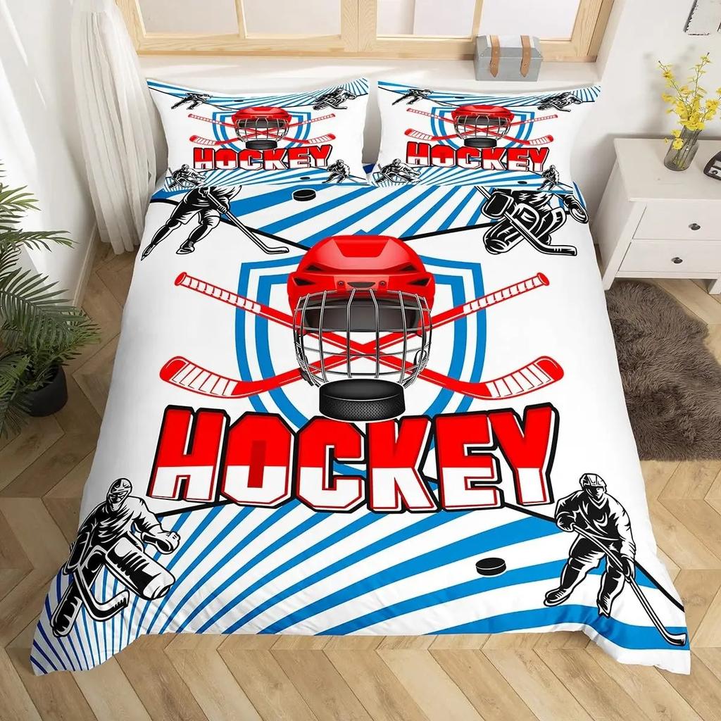 Ice Hockey Duvet Cover Helmet Skates Comforter Cover Winter Ice Sports Games Bedding Set for Boys Puck Hockey Player Quilt Cover