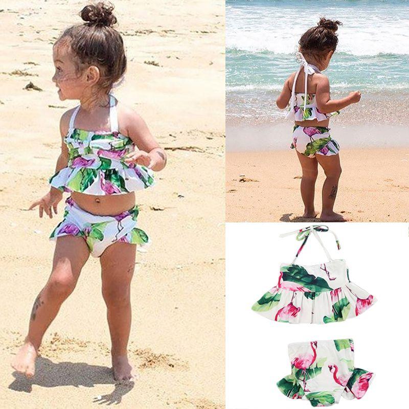 Charming 2pcs Girls Ruffle Floral Bikinis Set Featuring Adorable Flamingo Design