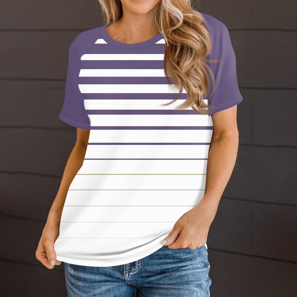 Женская летняя повседневная полосатая градиентная футболка с круглым вырезом и рукавом реглан с коротким рукавом