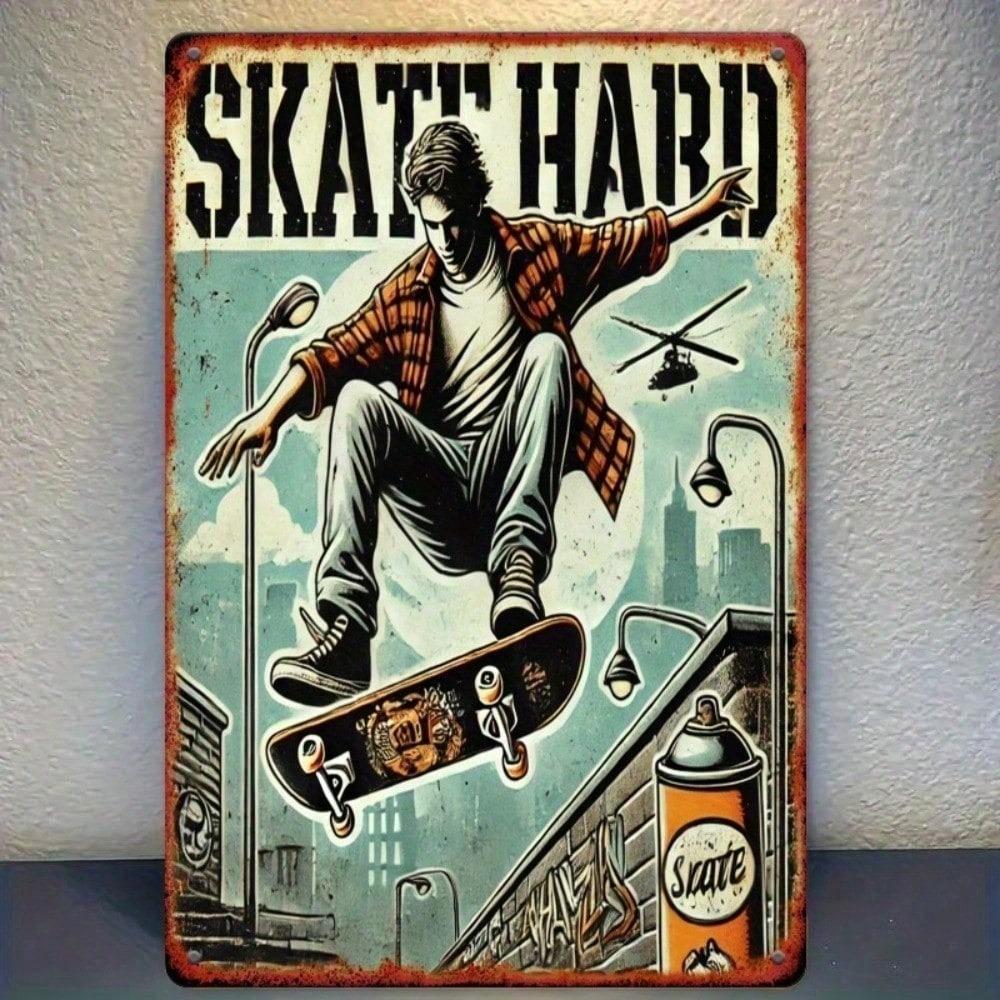 Винтажная металлическая вывеска "Череп на скейтборде", 12x8 дюймов, жестяной декор для стены бара, мужской комнаты, игровой комнаты, дома