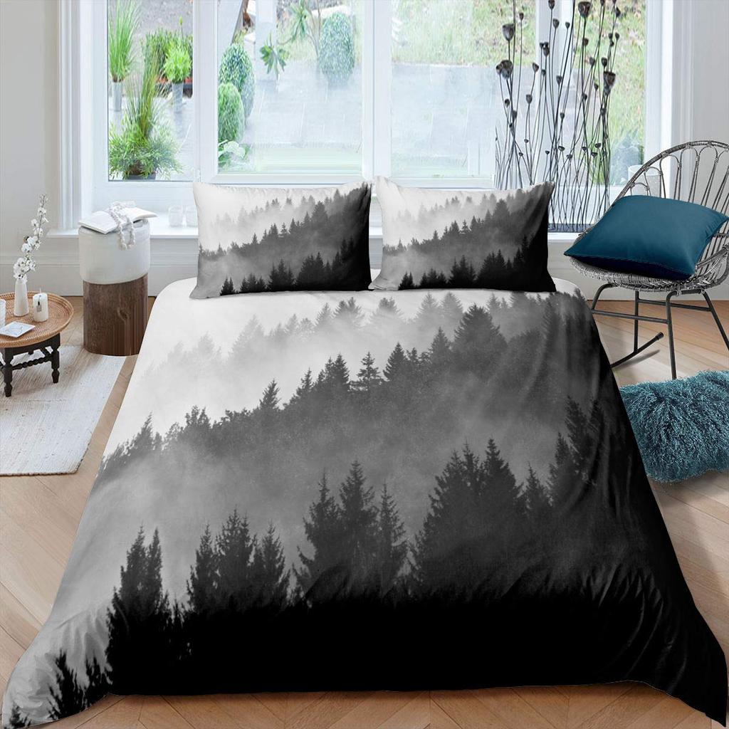 Smoky Mountain King Queen Duvet Cover Grey Fog Pine Trees Bedding Set Retro Natural Scenery Art 2/3pcs Polyester Quilt Cover