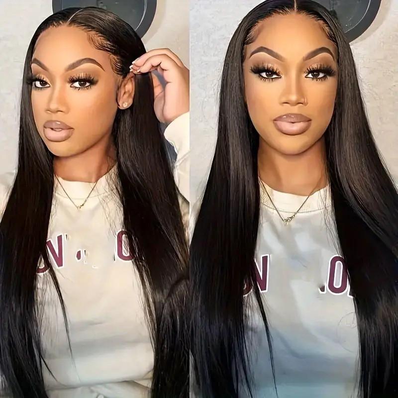 Lace Front Wig Long Straight Black Synthetic Hairpiece With Adjustable Bangs Women Natural Look