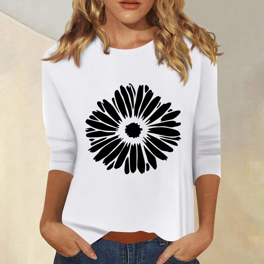 Женская мода повседневный принтованный топ с семью рукавами и круглым вырезом