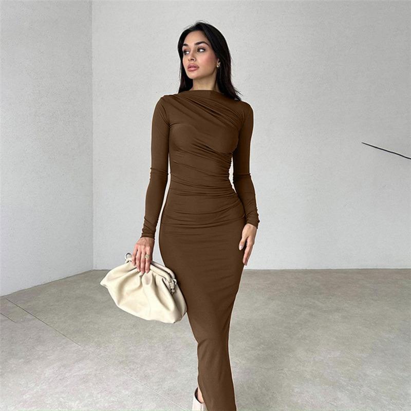 Spring Autumn Slim Fit High-end Feeling Solid Color Temperament Long Hip Hugging Dress for Women