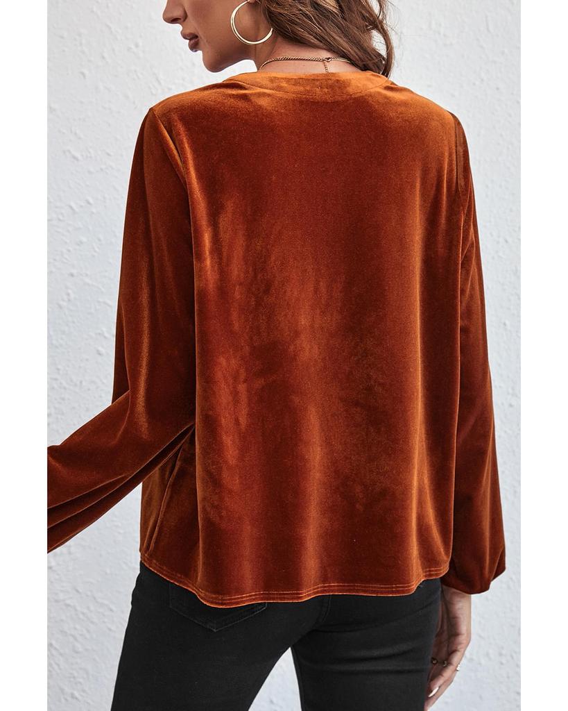 Azura Exchange Gold Flame Lantern Sleeve Beaded Split V Neck Velvet Top