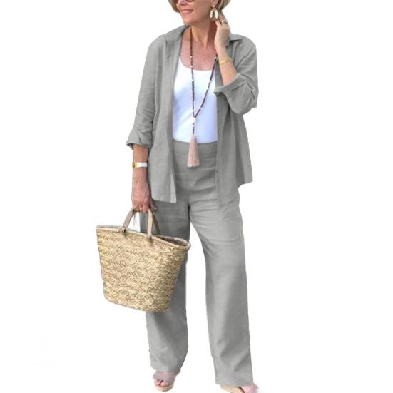 2Pcs/Set Women Casual Outfit Lapel Long Sleeve Buttons Closure Shirt High Waist Straight Wide Leg Long Pants Set Daily Wear