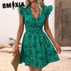 Women's Fashion Summer Spring Floral Print  Short Sleeve V-Neck High Waist Casual Dresses