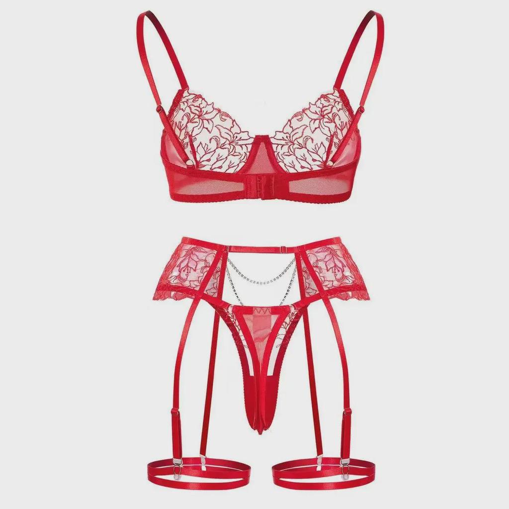 Элегантный комплект нижнего белья с вышитыми цепочками: Сексуальный, прозрачный, трехкомпонентный дизайн для женщин
