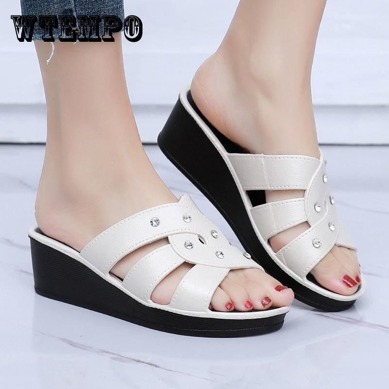 Women's High Heel Slippers Summer Wear Thick Bottom Fashion Home Non-Slip Mother Shoes Soft Bottom Social Wedge Women Sandals