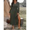 Women's Solid Color V-neck Flared Long-sleeved Elastic Waist Slit Long Dress
