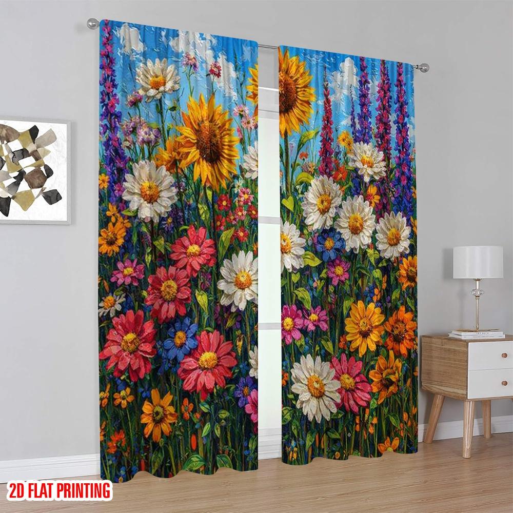 2D flat printing 2pcs Curtain Drapes Colorful Summer Flowers Digital Printed Polyester Drapes Festive Wall Decor Use for Door