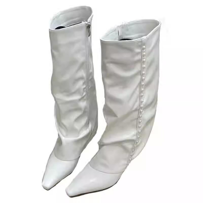 Огромные ноги! Белые ботильоны на высоком каблуке, ботфорты в стиле Spice Girl, с острым носком, на танкетке, с высоким голенищем, но до колена, женские