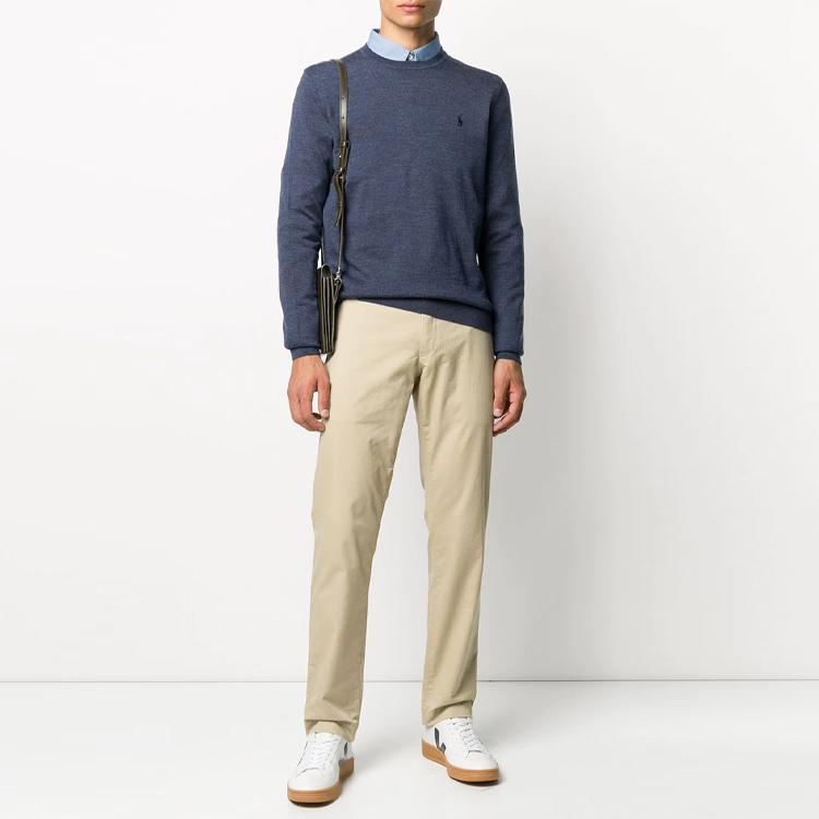 Polo Ralph Lauren Лого Однотонный С круглым вырезом Длинный рукав Шерстяной свитер Мужской свитер Синий 710714346-021