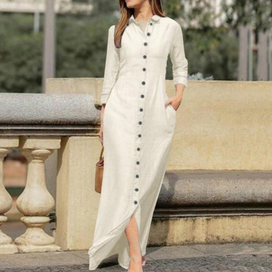 Spring Summer Women Dress Loose Pure Color Single-breasted Side Pockets Lapel V Neck Long Sleeves Split Hem Soft Breathable Casual Ankle Length
