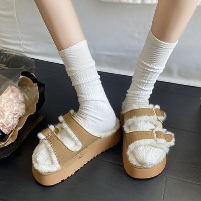 Aphixta Роскошные Платформенные Пушистые Тапочки Женские Теплые Тапочки Обувь Дизайн с Пряжкой Меховая Стелька Женская Зимняя Обувь Размер 42