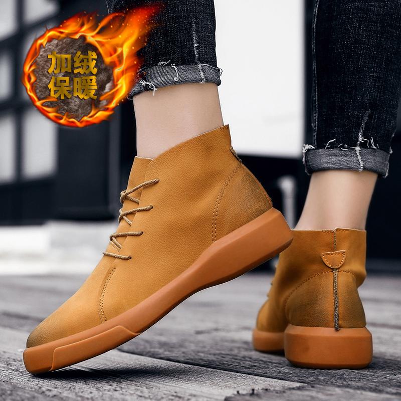 Men Handmade Leather Shoes Casual Hiking Boots Outdoor Winter Warm Ankle Boots High Top Walking Shoes Over Sized