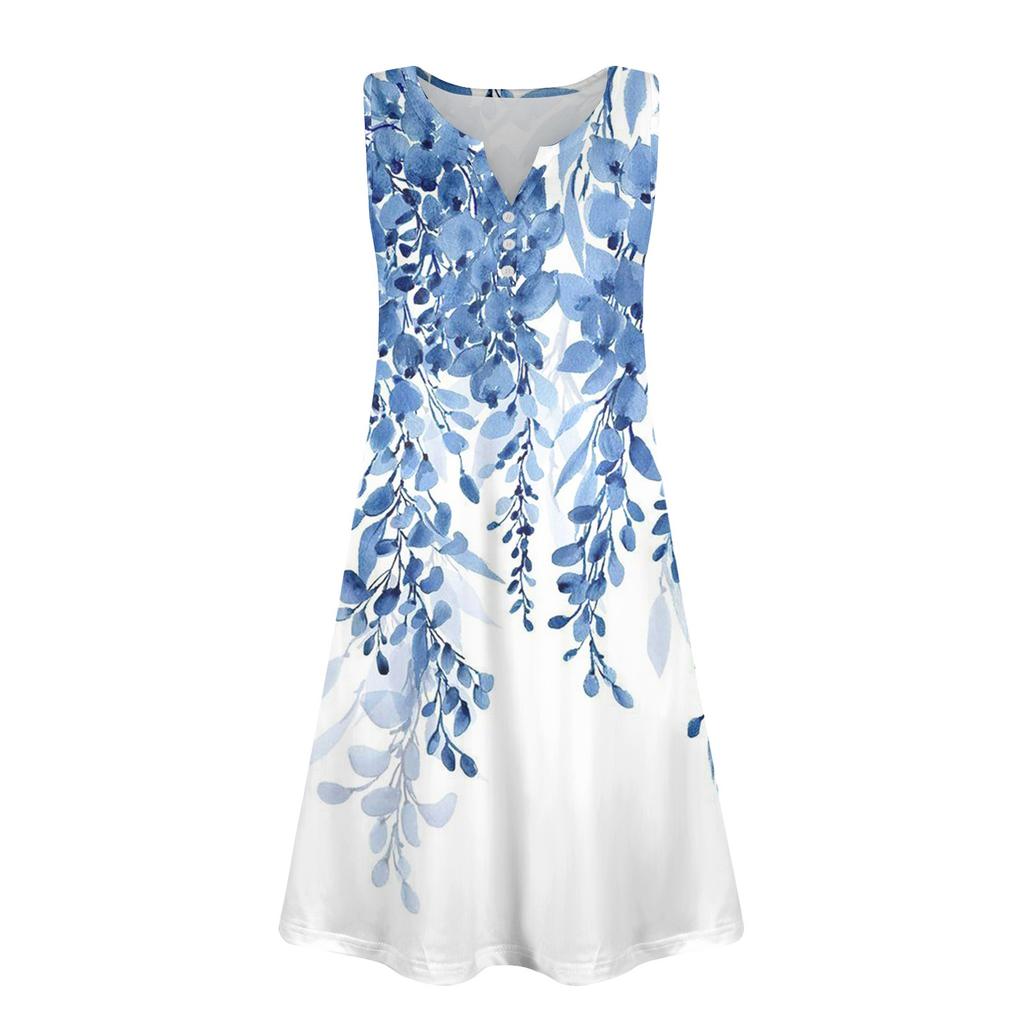 Женские летние платья Свободные сарафаны без рукавов с V-образным вырезом Платье с карманами