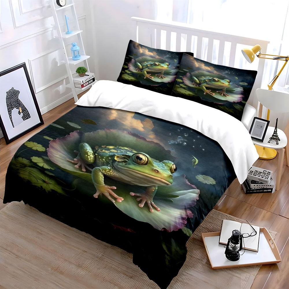 Frog resting on lotus leaf serene night Print Bedding Set 1 Duvet Cover 2 Pillowcases for Adult and Children Luxury Gift