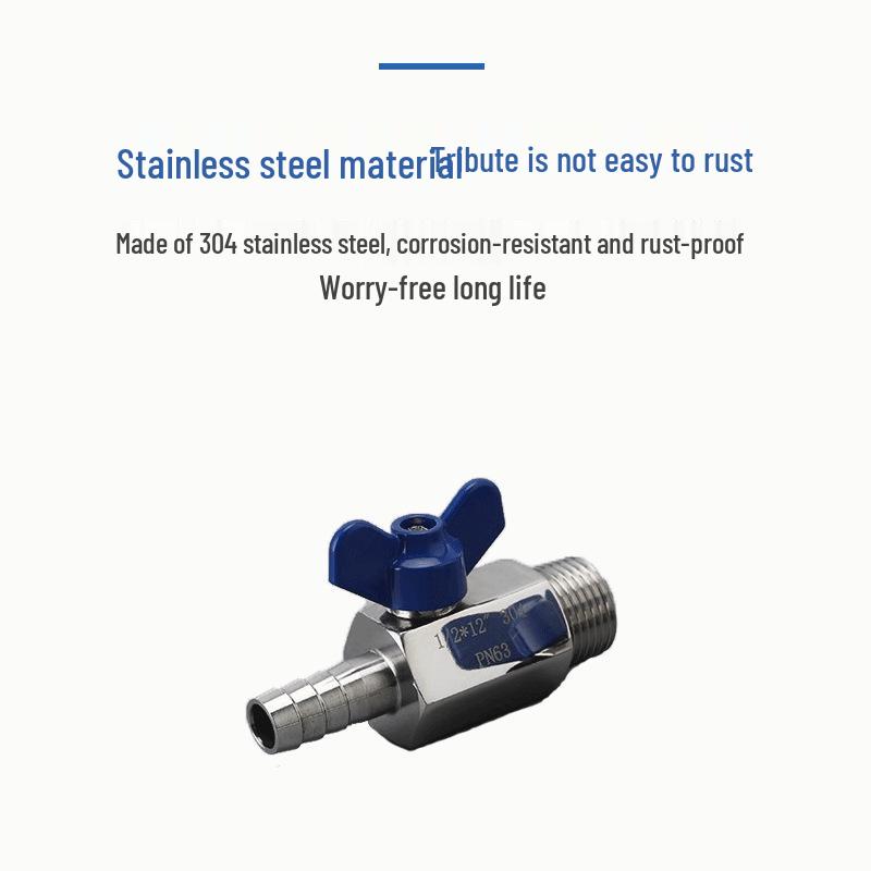 304 Stainless Steel Mini Ball Valve with Butterfly Handle, Internal/External Threads, High Pressure, 4-Way Pagoda Tube Connector.