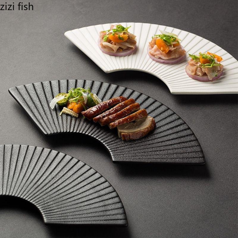 Керамическая обеденная тарелка для ресторана, креативная веерообразная полосатая тарелка для суши, десертная тарелка, тарелки для закусок, однотонная столовая посуда