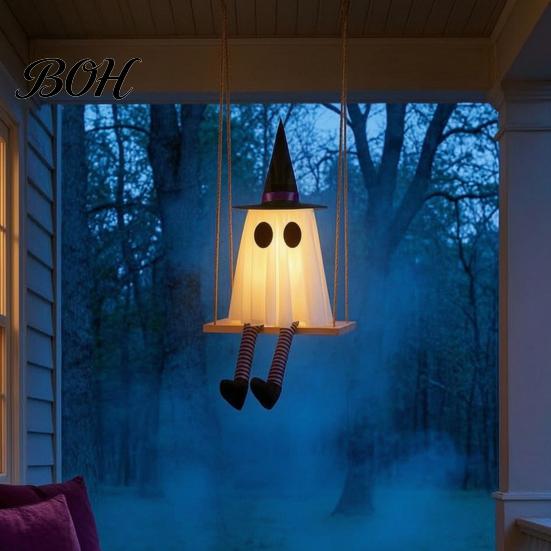 Glowing Wizard Hat Ghost Props Halloween Hanging Swinging Decoration, Spooky Light Up Swing Adjustable Height Ornaments with Witch for Outdoor