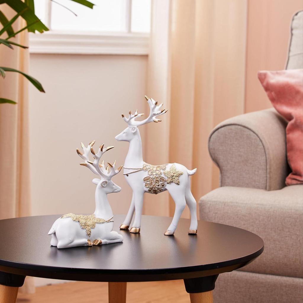Creative Resin Golden and White Reindeer Sculptures | Beautiful Home Decor | Elevates The Energy of Your Room (Pack of 2
