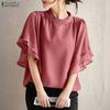 Women Casual Round Neck Loose Summer Ruffles Short Sleeve Blouse