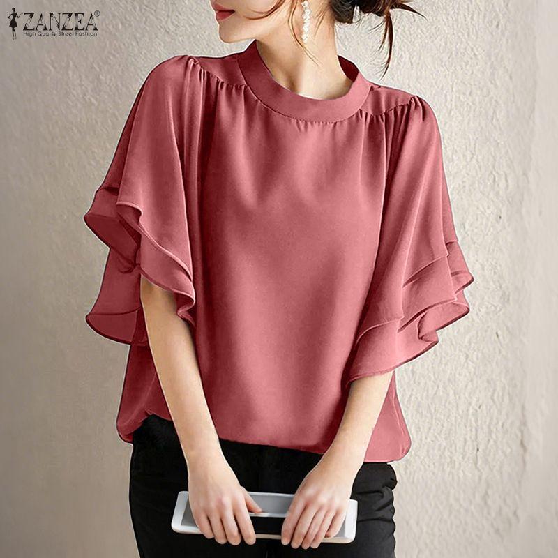 ZANZEA Women Casual Round Neck Loose Summer Ruffles Short Sleeve Blouse