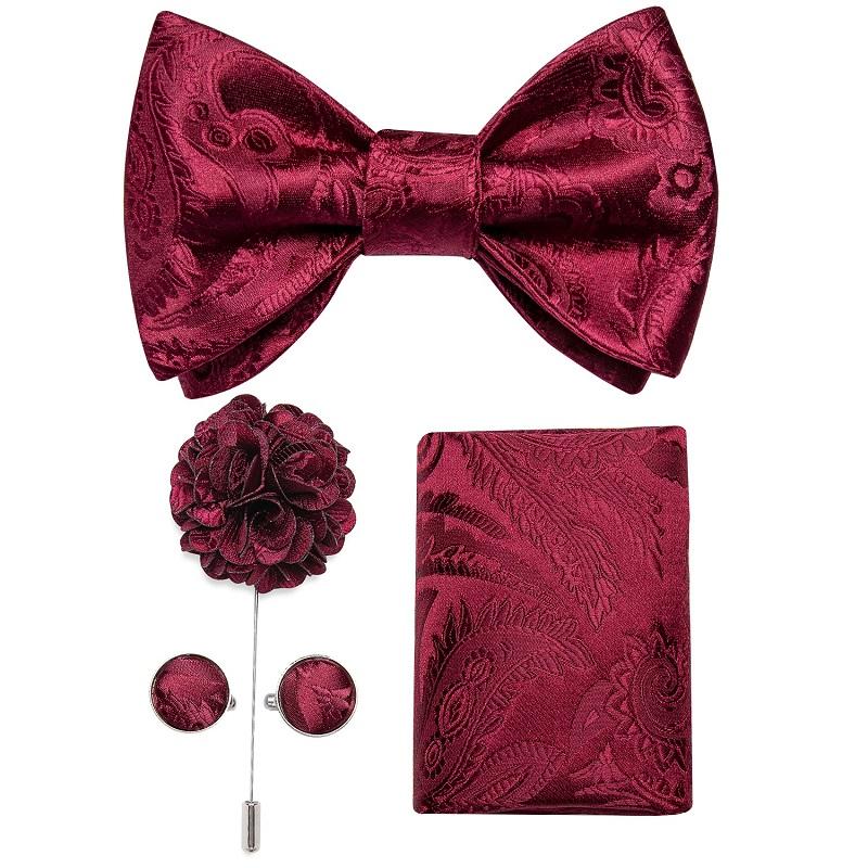 Classic Red Paisley Pattern Woven Self-tied Bow Tie Pocket Square & Cufflinks Boutonniere Gift Set for Men
