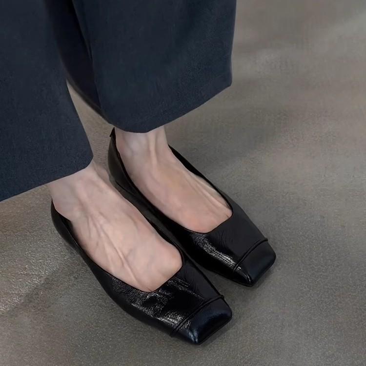 Версия из овчины~ черные ретро тонкая кожа удобные для通勤 плоские туфли женские минималистичные с квадратным носком слипоны маленькие одинарные туфли