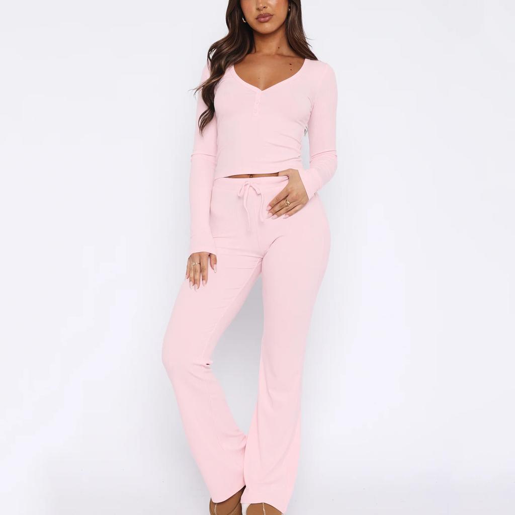 2026 Spring Fall Women's 2 Piece Outfit Long Sleeve Button Up Solid Slim Top with Long Pants Lounge Set