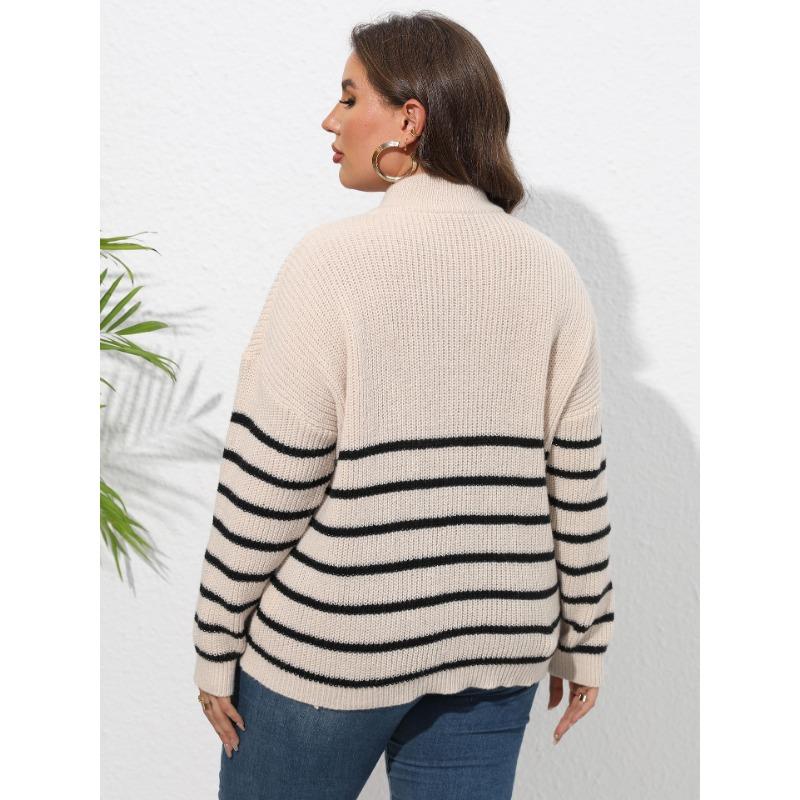 Женский осенне-зимний свитер большого размера в полоску в стиле пэчворк с полувысоким воротом на молнии