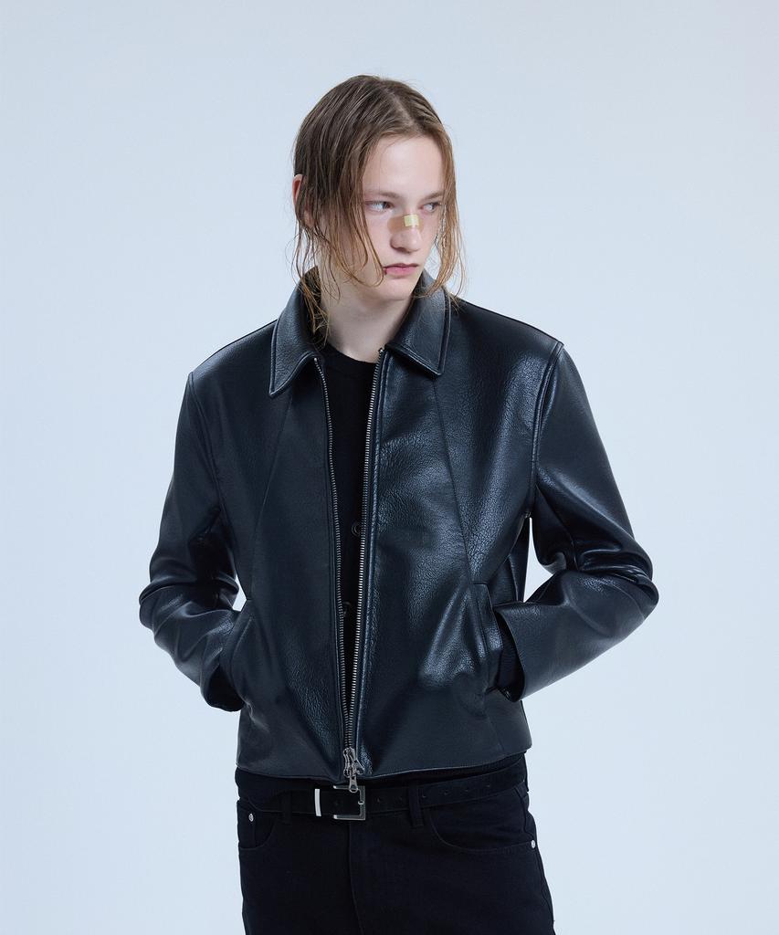 NOISE Grain Crop Leather Jacket_[Black]