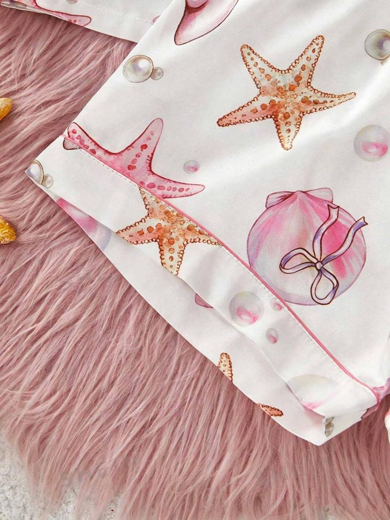 Girls Starfish Print Pajamas Set Button-Down Short Sleeve Top Shorts Sleepwear for 14-16Y