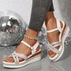 Fashion Fashion Crystal Wedge Heeled Sandals Women Summer Cross Straps White Sandles Woman Ankle Buckle Gladiator Sandalias Plus Size 43