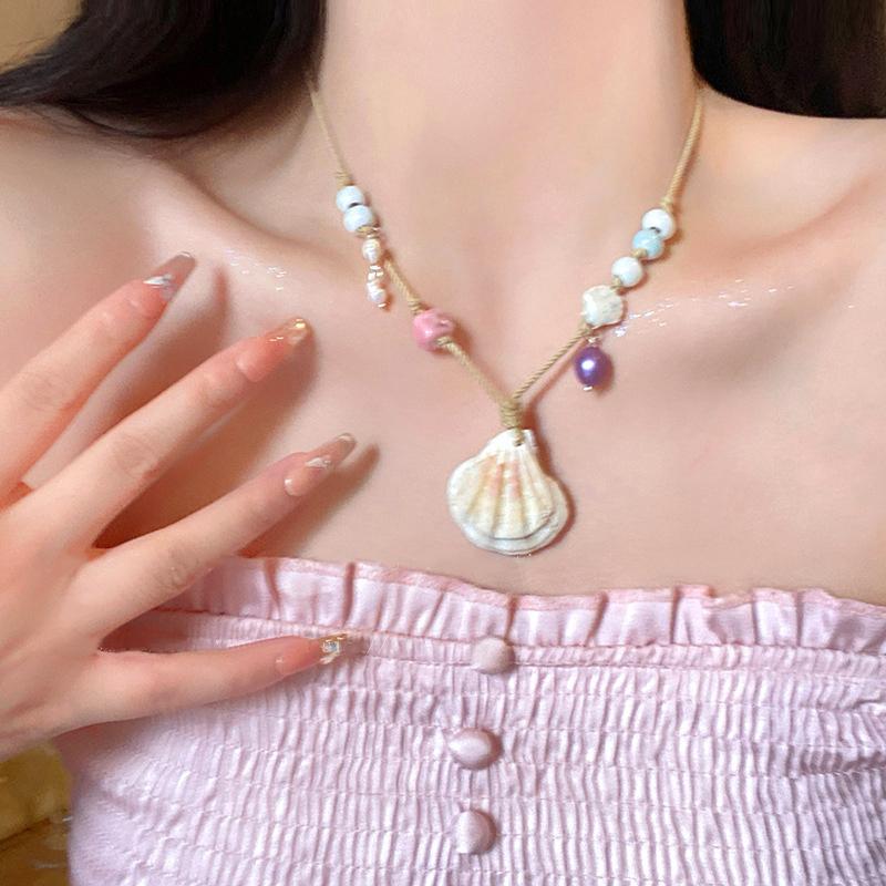 Y2K Colorful Beads Shell Pendant Choker Adjustable Necklace for Women Girl Clavicle Chain Romantic Sweet Aesthetic Jewelry Party