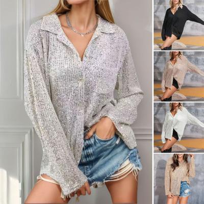 Женская рубашка с лацканами, длинный рукав, блестящая, сверкающая, однотонная, свободная, однобортная, повседневная рубашка