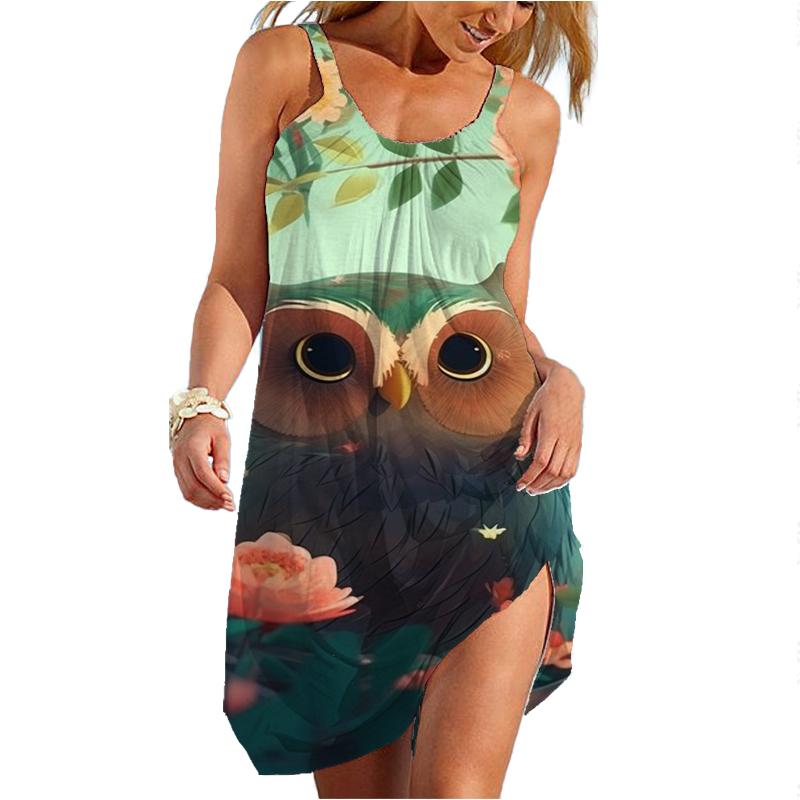 Летнее Новое Пляжное Платье с 3D Принтом Совы, Гавайское Сексуальное Платье с Рукавами на Плечах, Летнее Платье Traf, Платье с Цветами для Женщин